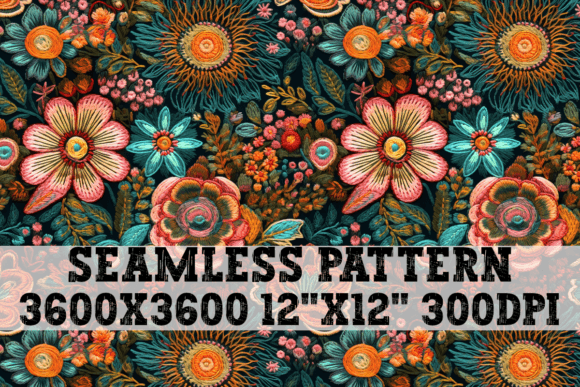 Floral Embroidery Scene Seamless Pattern
